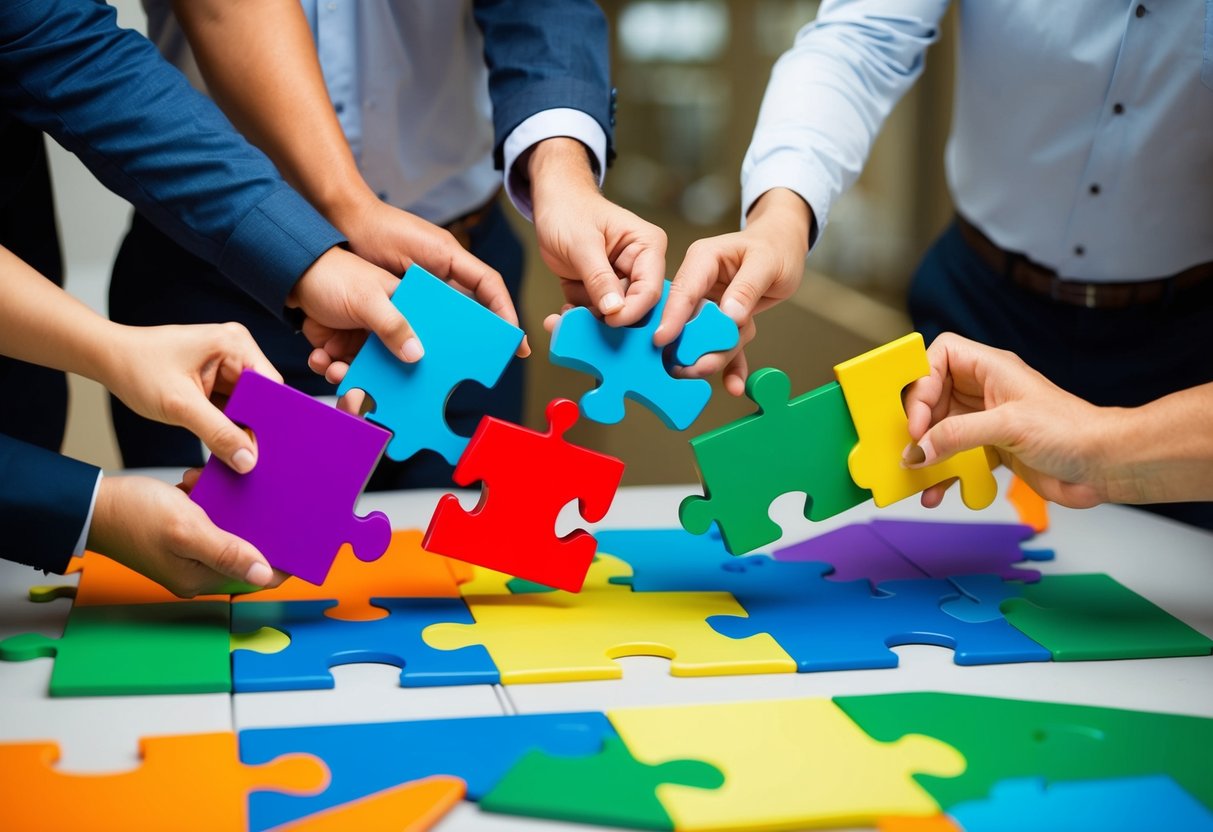 A group of diverse shapes and colors coming together, each piece fitting perfectly into the larger puzzle, symbolizing the optimization of team dynamics