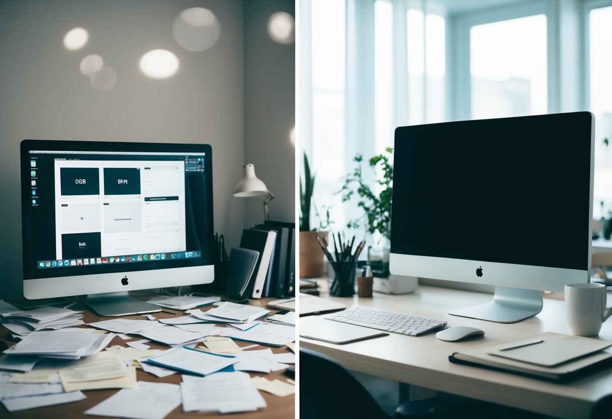 A cluttered desk with scattered papers and a disorganized computer screen, contrasted with a tidy, minimalist workspace with neatly arranged files and a streamlined digital interface
