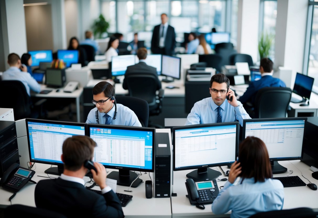 A busy office with employees at desks, fielding phone calls and emails. A central computer system organizes customer data. A manager oversees the operation