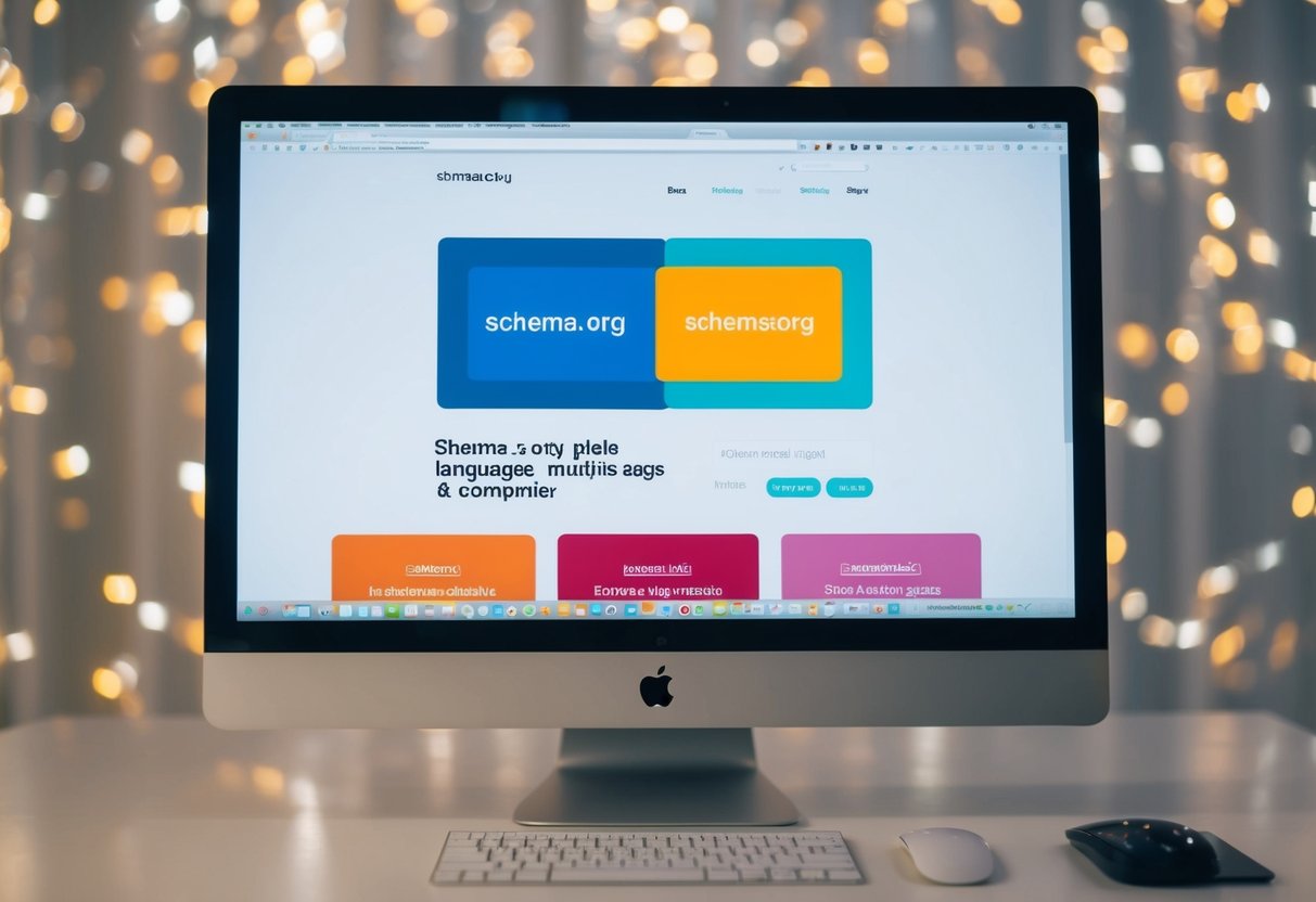 A computer displaying Schema.org website in multiple languages with language tags