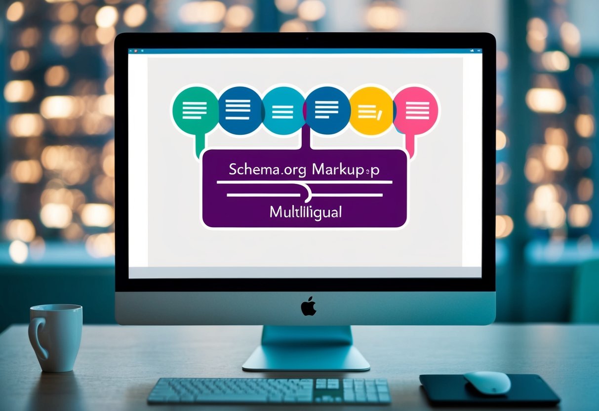 A computer screen displaying Schema.org markup for multilingual content