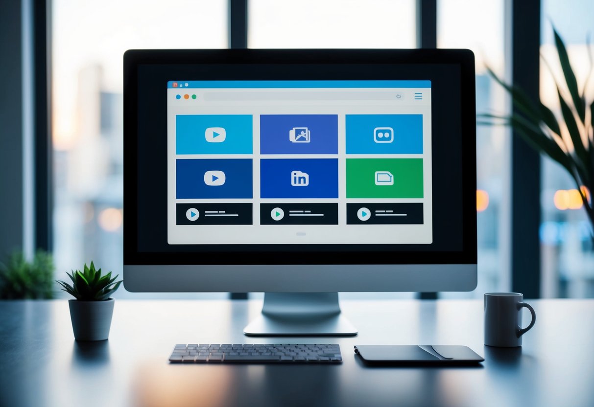 A computer screen displaying video and image SEO elements with a search bar and various media icons