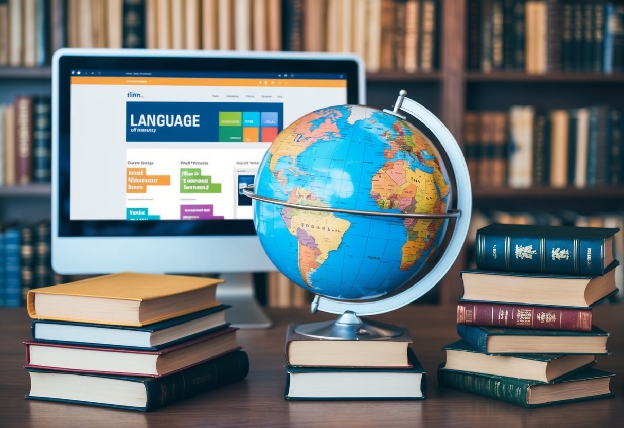 A globe surrounded by books in different languages, with a website displayed on a computer screen, and language tags indicating multilingual content