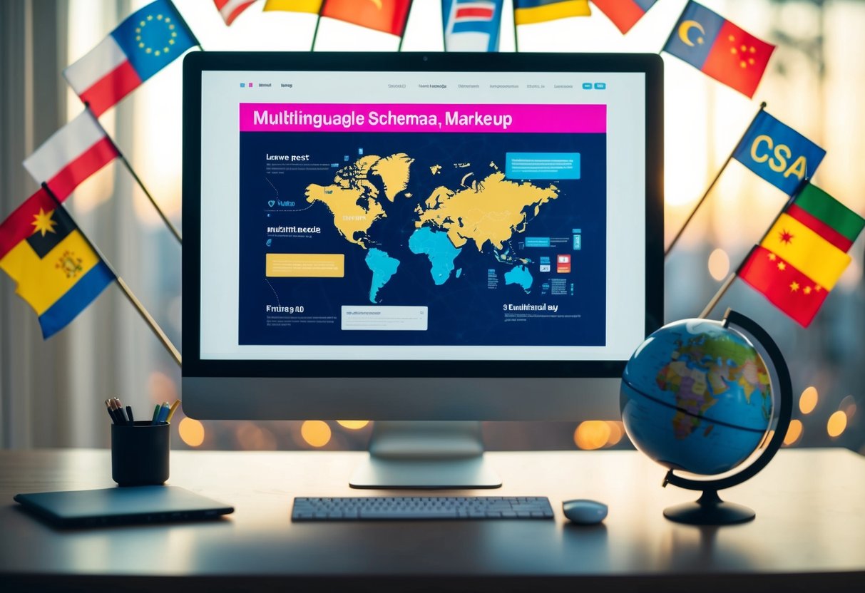 A computer screen displaying multilingual content with schema.org markup, surrounded by language flags and a globe