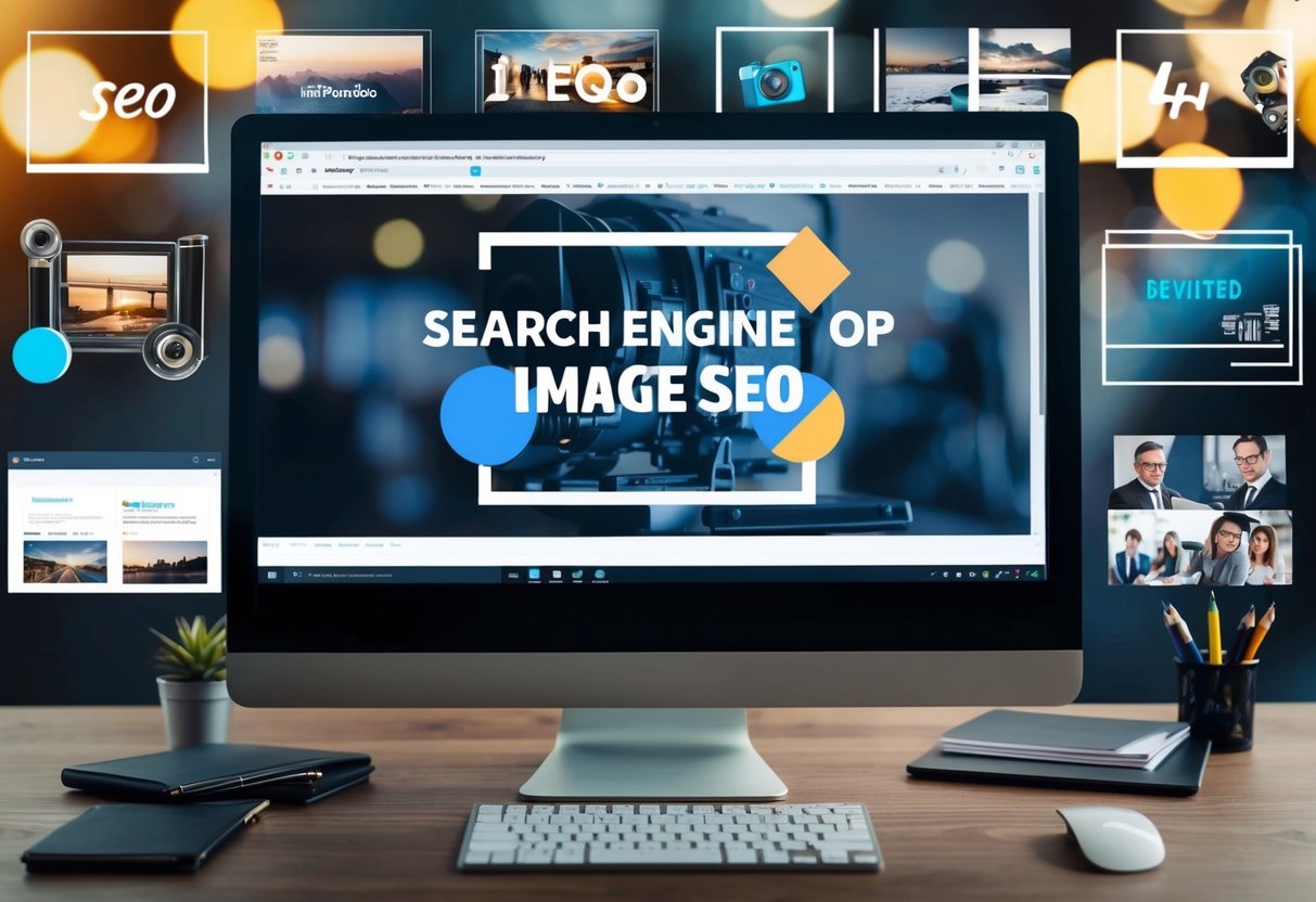 A computer screen displaying a video tutorial on image SEO, surrounded by various images and graphics related to search engine optimization