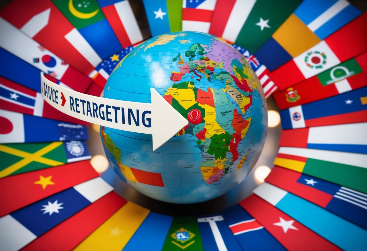 A globe surrounded by various flags, with arrows representing retargeting moving between different countries