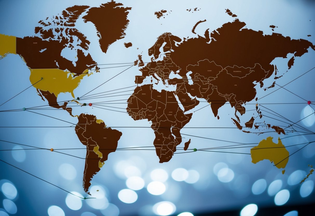 A world map with highlighted countries and connecting lines to represent successful international SEO campaigns