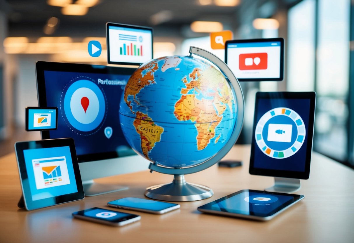 A globe surrounded by digital devices with retargeting ads displayed on screens targeting different international locations