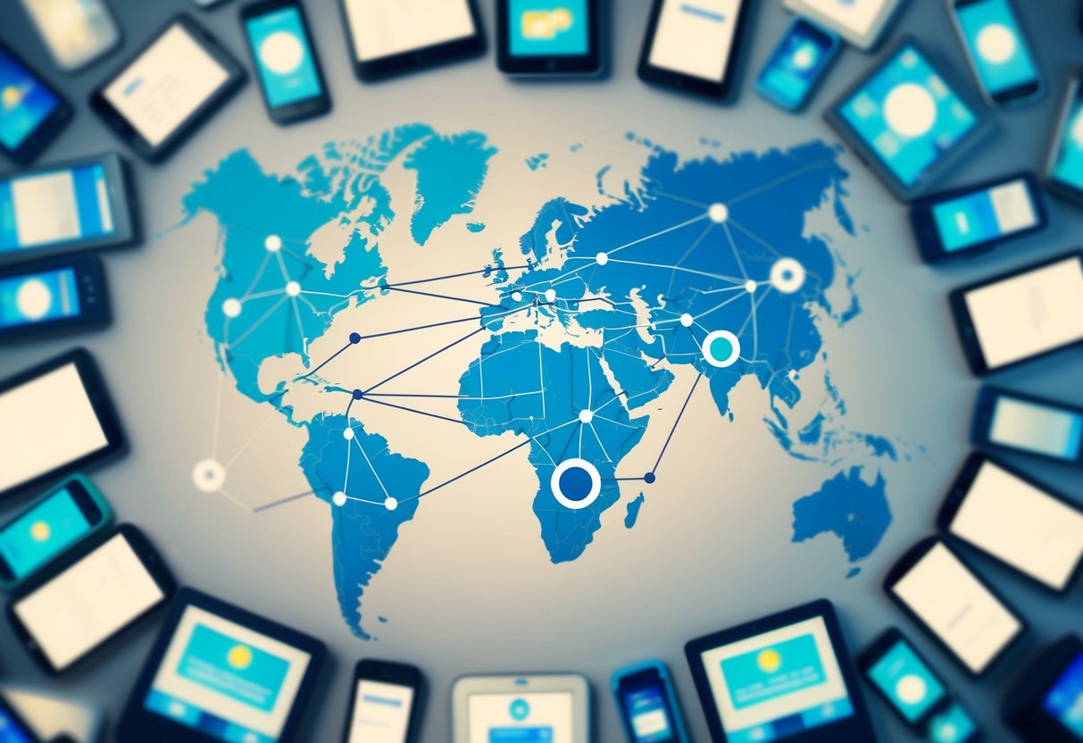 A global map with multiple interconnected lines representing international audiences, surrounded by various digital devices and screens displaying retargeting content
