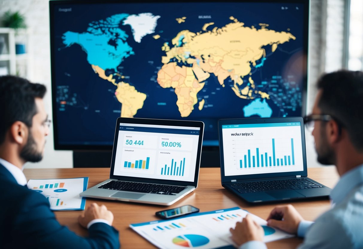 A world map with highlighted countries, a laptop showing website analytics, and a brainstorming session with charts and graphs