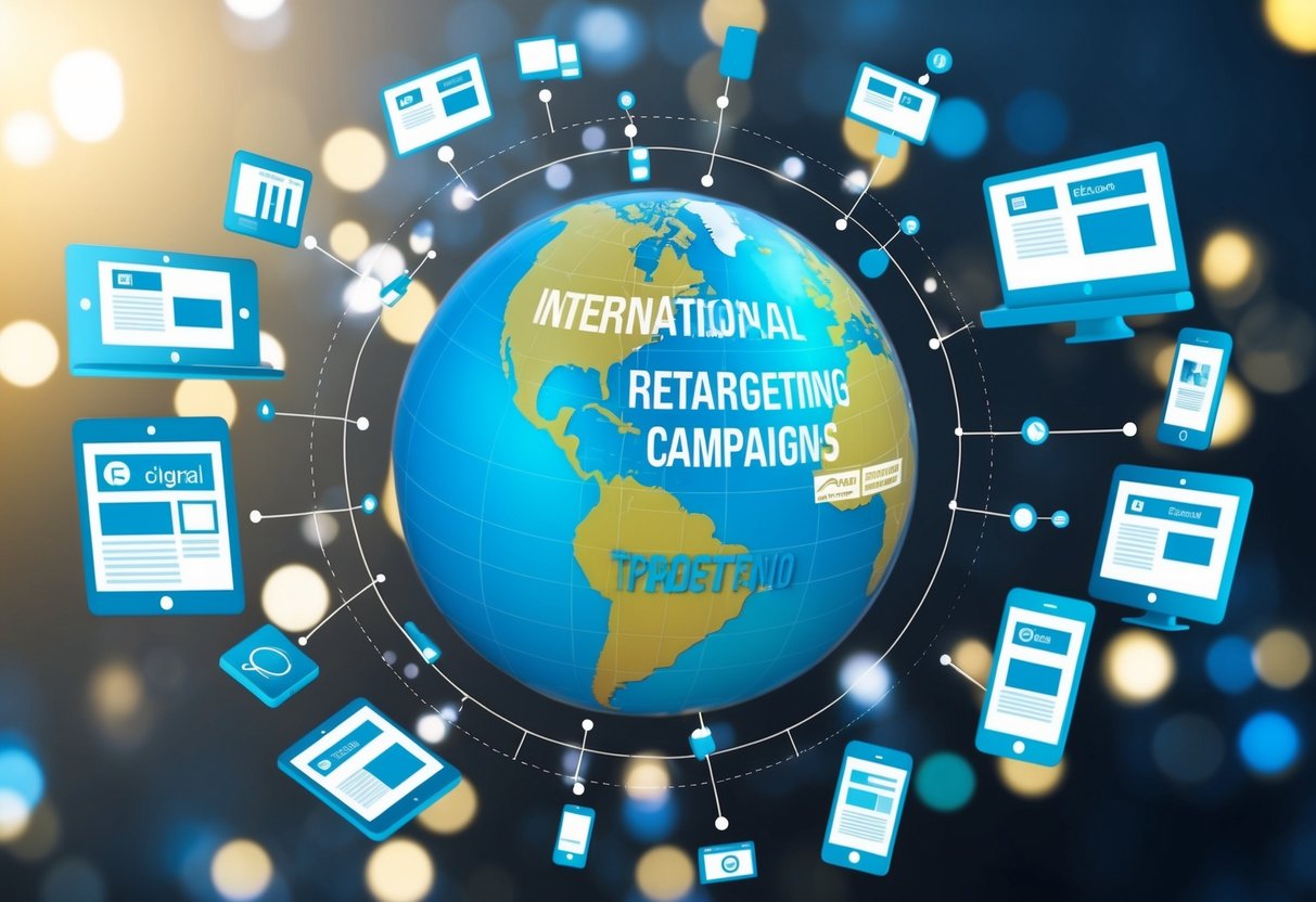 A globe surrounded by interconnected digital devices, each displaying targeted ads in different languages to represent international retargeting campaigns
