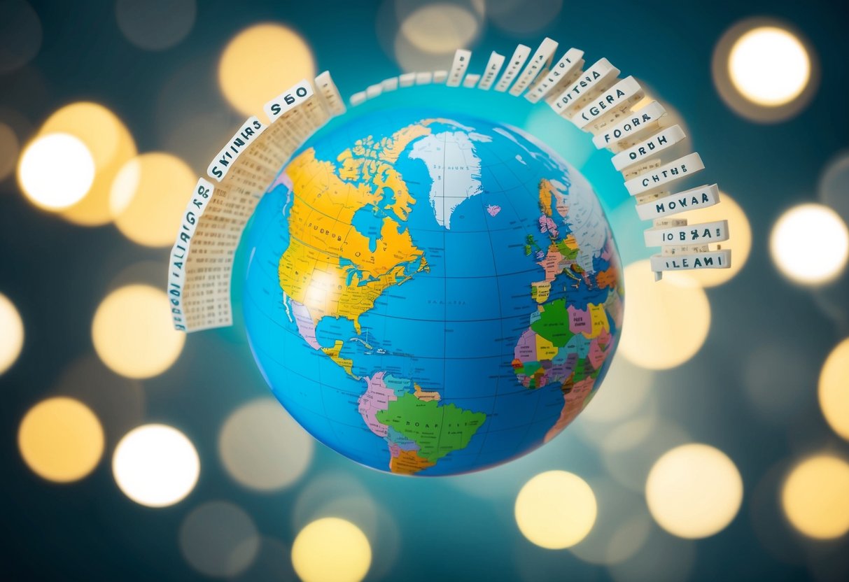 A world map with highlighted countries, SEO keywords floating above, and a globe symbolizing global reach