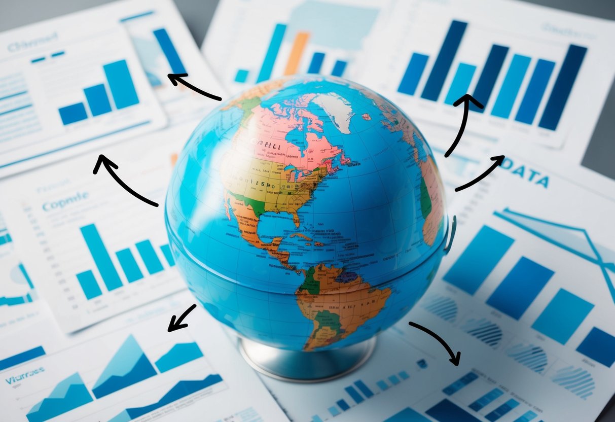 A globe surrounded by data charts and graphs, with arrows connecting different countries
