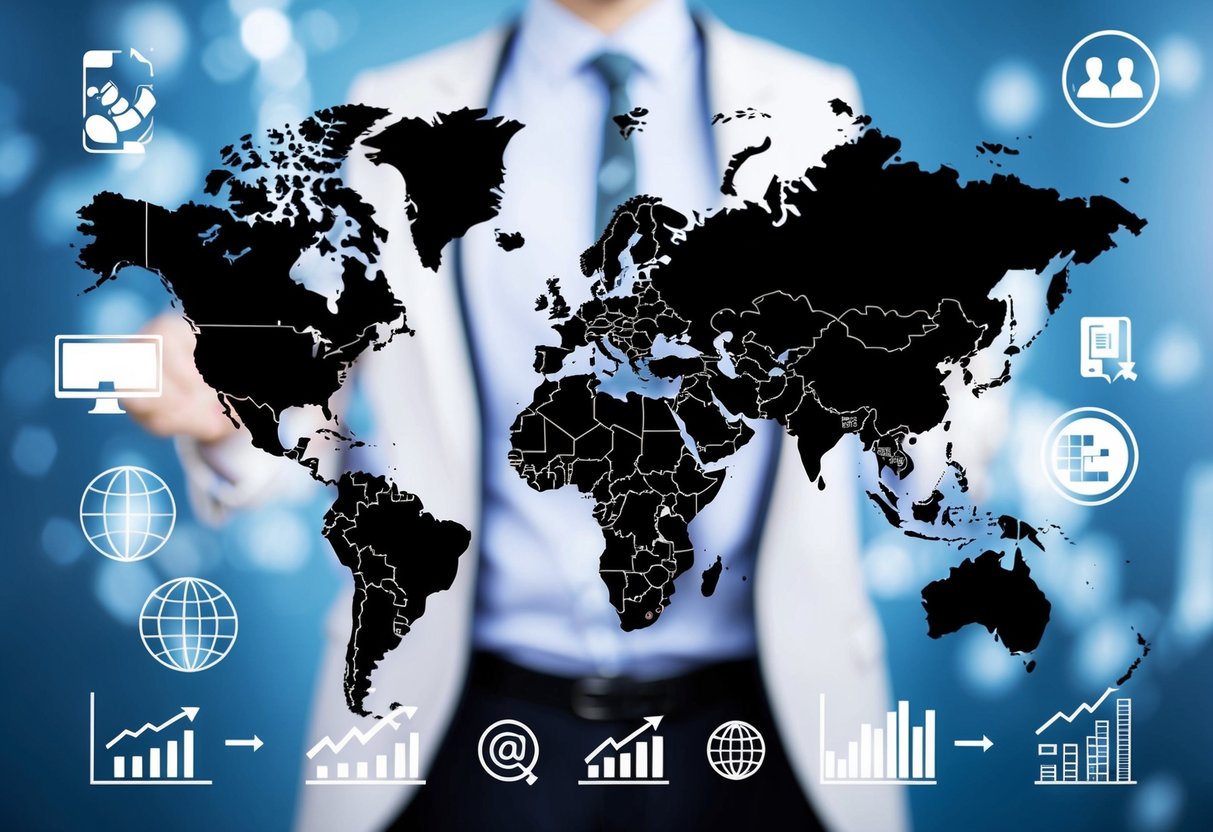 A world map with multiple regions highlighted, surrounded by digital marketing icons and graphs