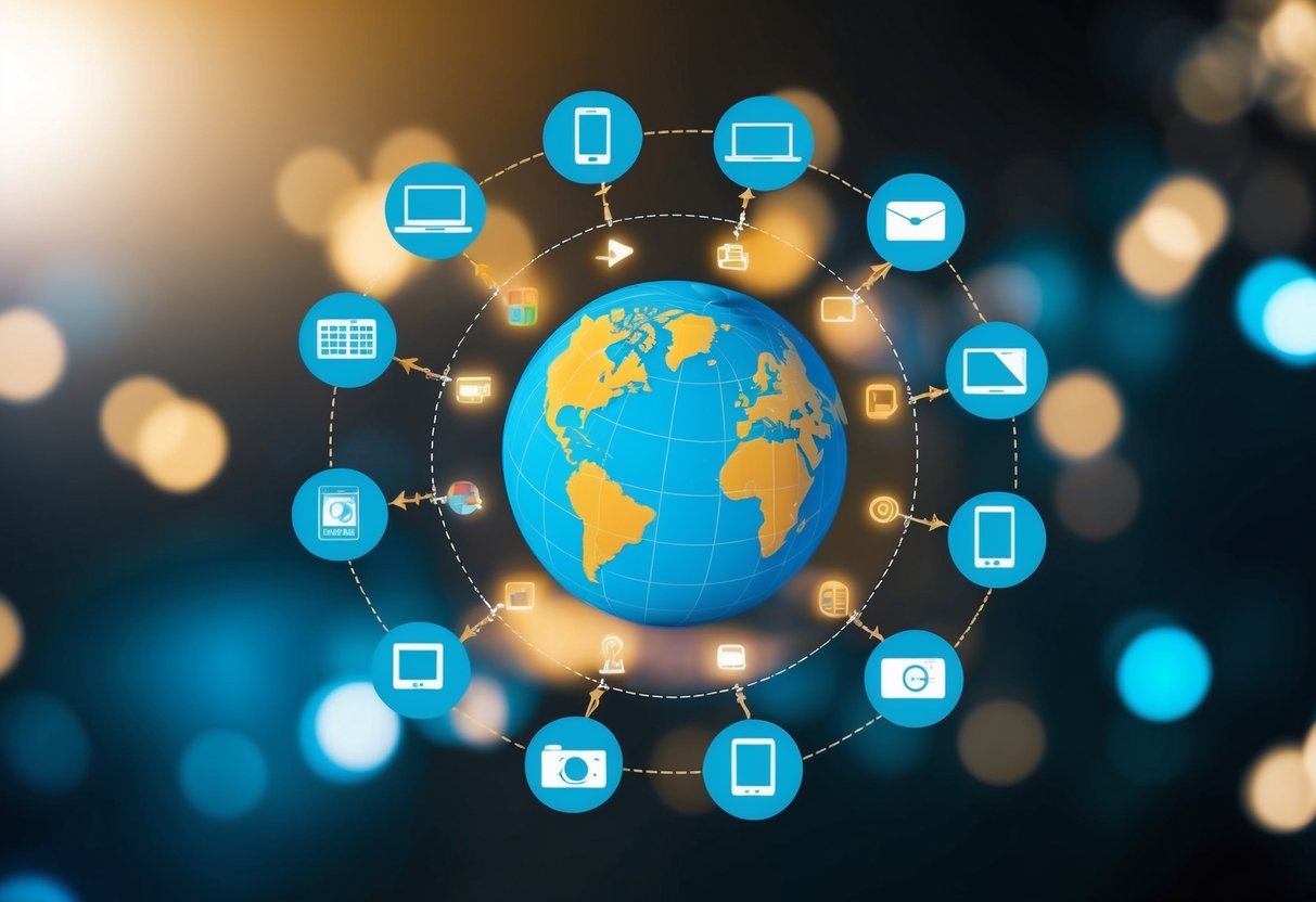 A globe surrounded by interconnected digital devices and icons representing different countries