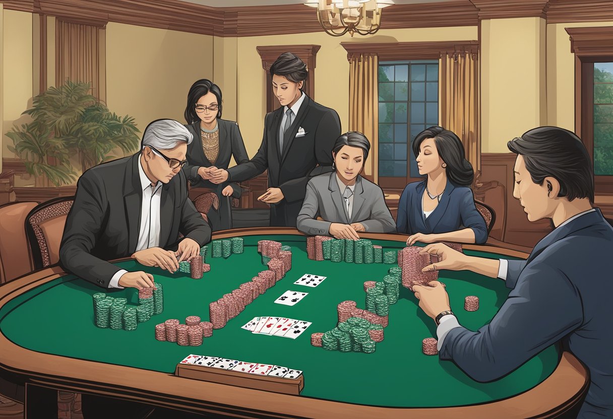 A dealer shuffling cards at a Pai Gow table, with players placing bets and the house holding the advantage