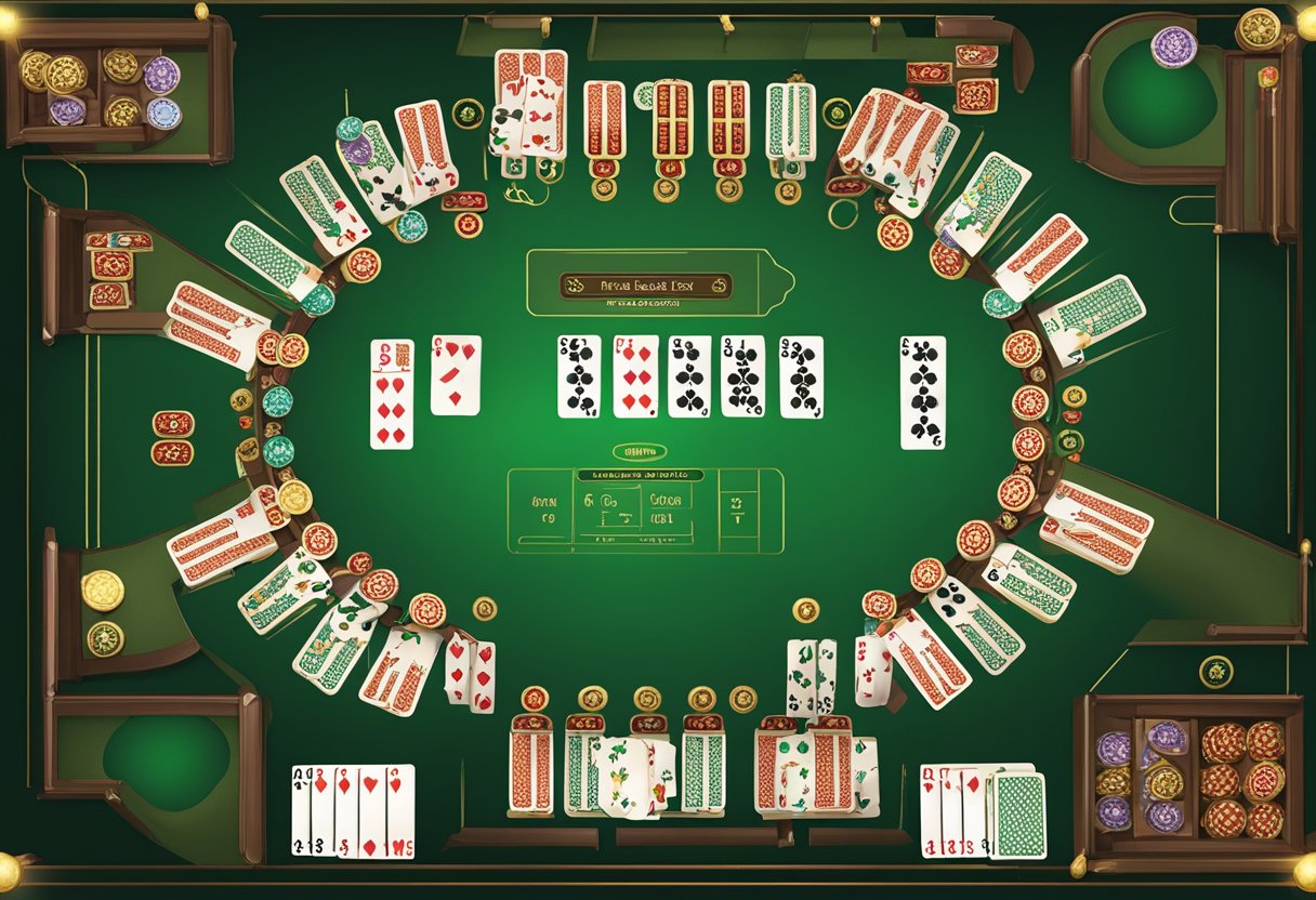 A Pai Gow table layout with seven player spots and a dealer spot, featuring a prominent area for the dragon hand and the main bet area