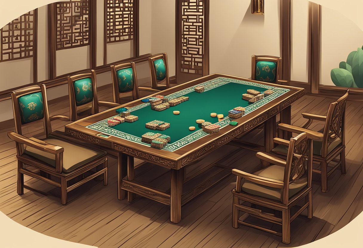 A traditional Chinese setting with ancient gambling tools and a game of Pai Gow being played at a wooden table