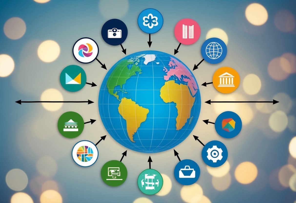 A globe surrounded by diverse cultural symbols, with arrows pointing to a simplified website interface