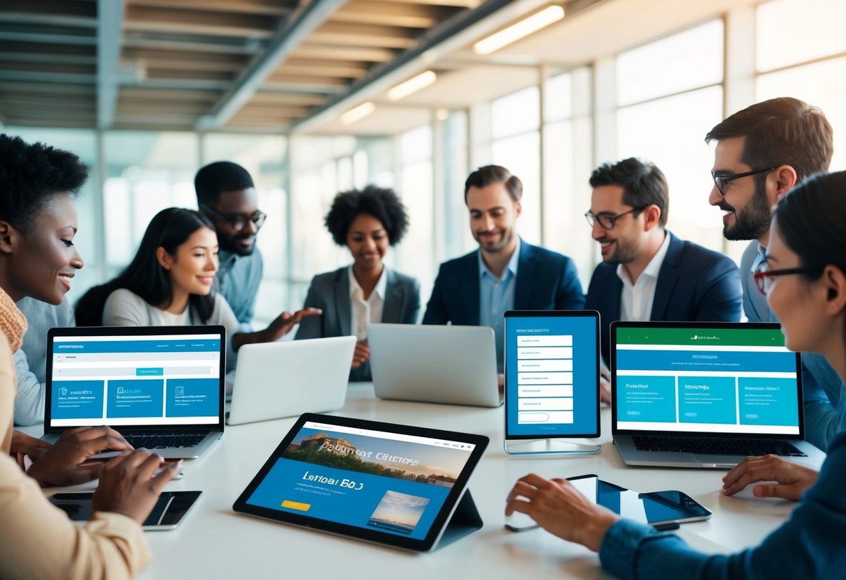 A diverse group of people using different devices to navigate a website with clear, intuitive menus and language options