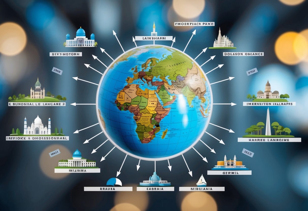 A globe surrounded by diverse landmarks, connected by arrows and labeled in different languages, with a clear and intuitive navigation menu