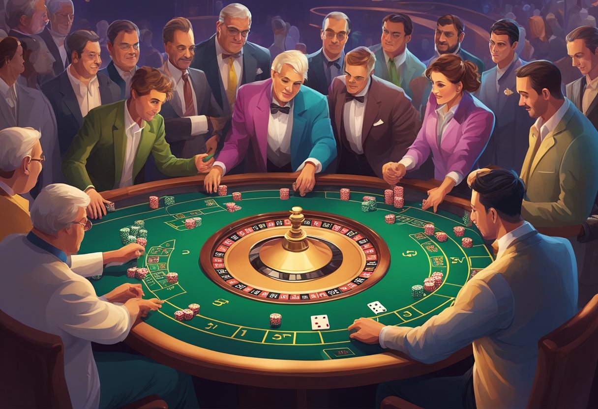 A crowd gathers around a Sic Bo table, with players placing bets and the dealer rolling the three dice. The colorful and bustling casino atmosphere adds to the excitement