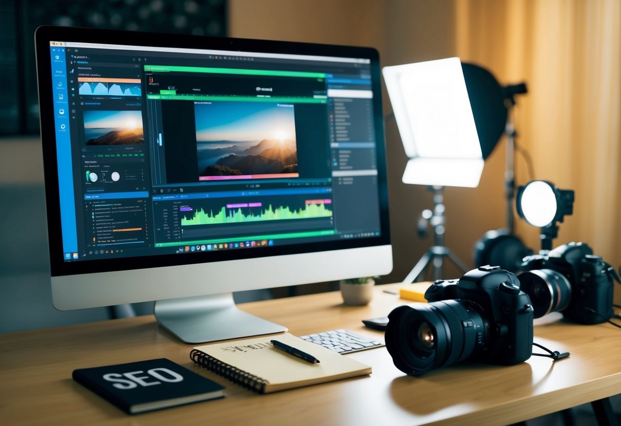 A computer displaying a video editing software interface with various tools and settings. A notepad with SEO keywords and a camera with lighting equipment nearby