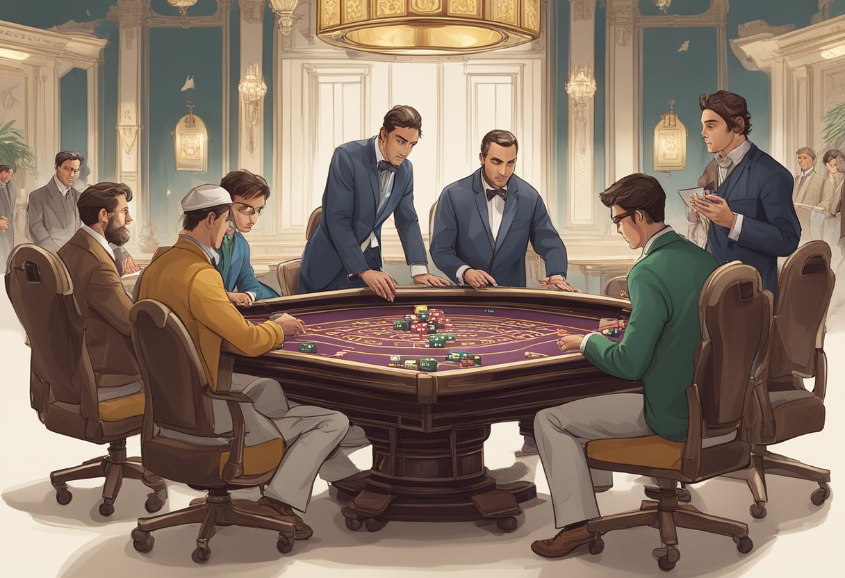 A Sic Bo table with three dice rolling, surrounded by players placing bets and a dealer overseeing the game