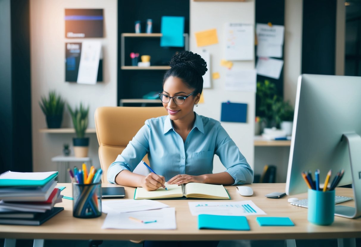 A person at a desk, brainstorming with a notebook and computer, surrounded by creative materials and research notes