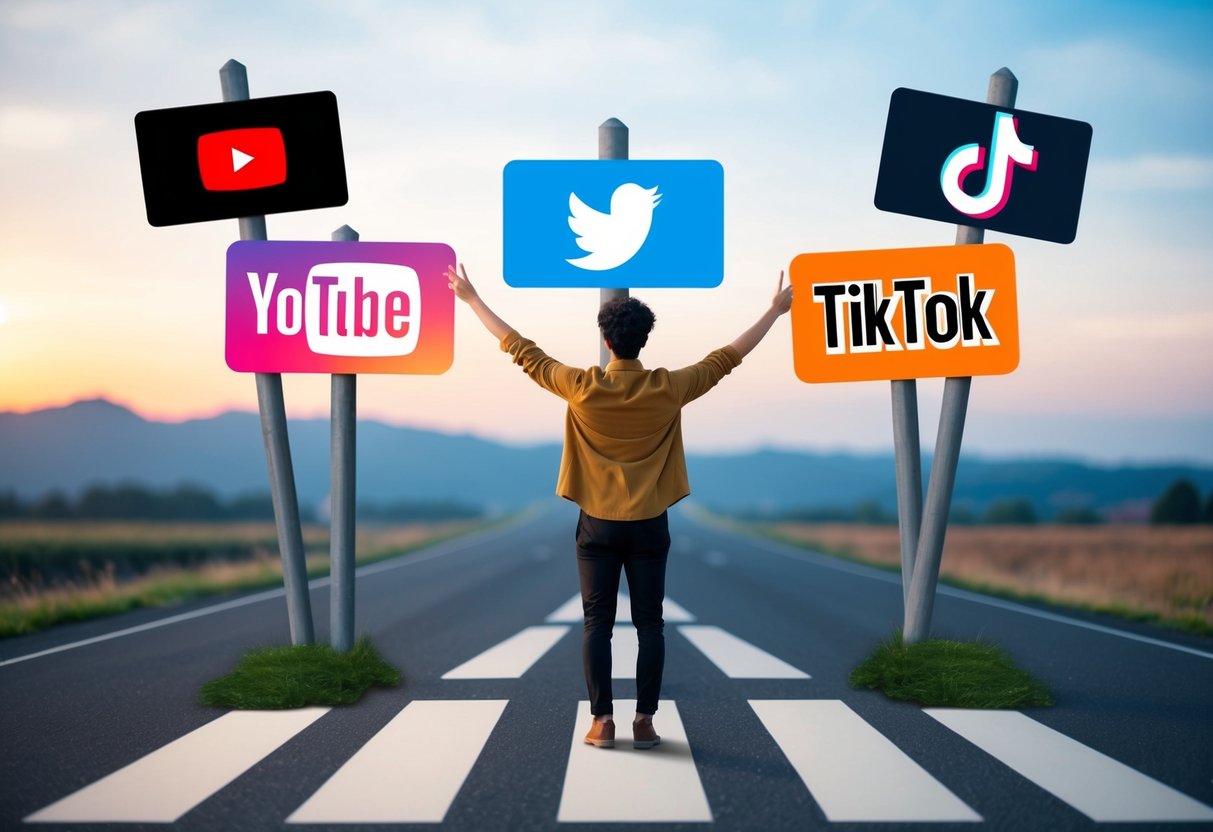A person standing at a crossroads, with various platforms (YouTube, Instagram, TikTok) depicted as signposts, while brainstorming video ideas
