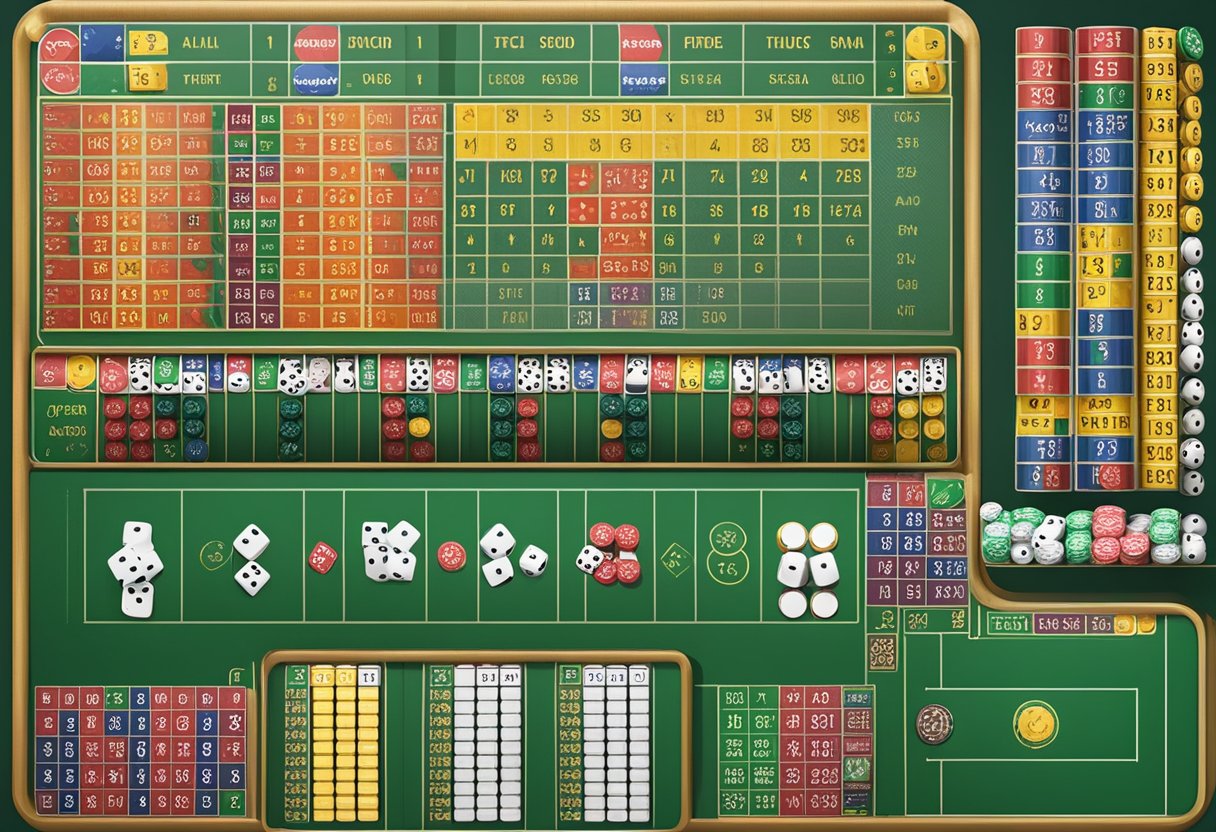 A colorful Sic Bo table with dice, chips, and a betting layout