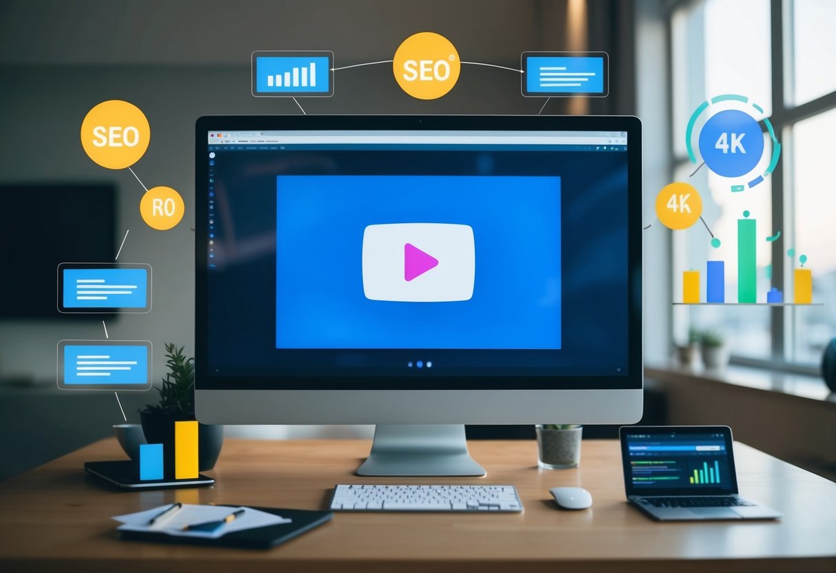 A computer screen with a video playing, surrounded by SEO-related elements like keywords, search bars, and analytics graphs