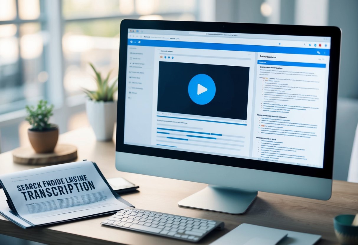 A computer screen displaying a video with a transcription document open on the side, surrounded by SEO keywords and a search engine results page