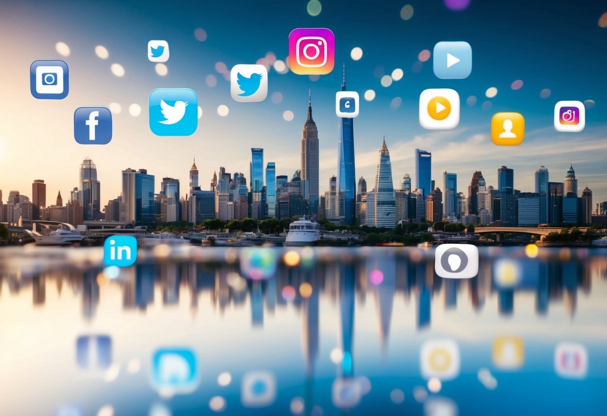 A bustling city skyline with iconic landmarks, people using smartphones, and various social media icons floating in the air