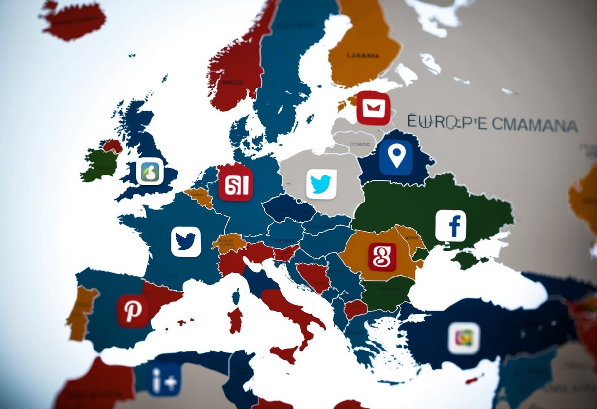 A map of Europe with various social bookmarking icons scattered across different countries