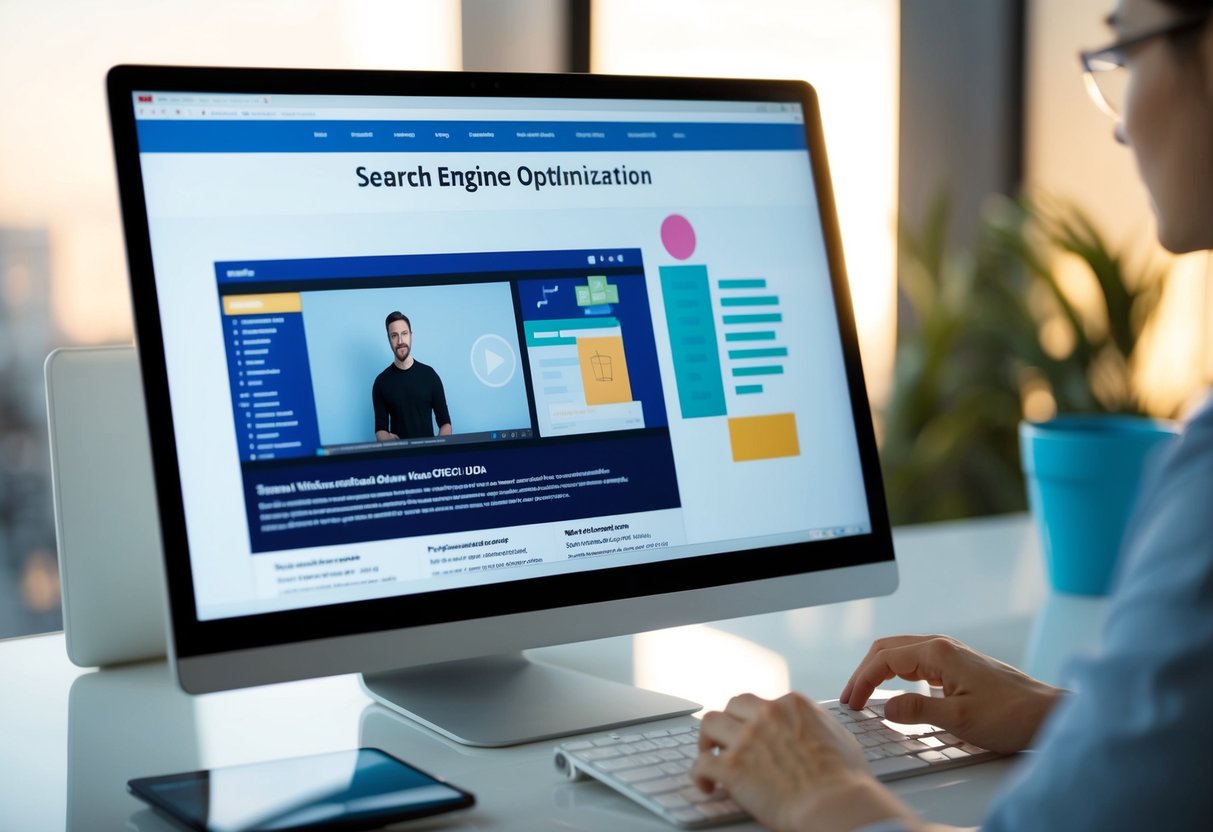 A computer screen displaying a website with a video being transcribed, while search engine optimization (SEO) keywords are being highlighted