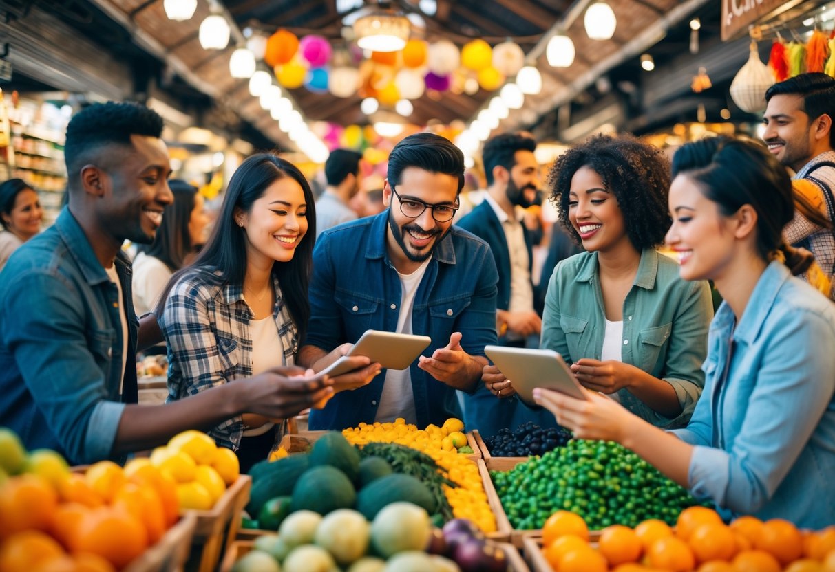 A vibrant marketplace with diverse people sharing and bookmarking content from around the world. The atmosphere is lively and engaging, with a mix of traditional and modern elements