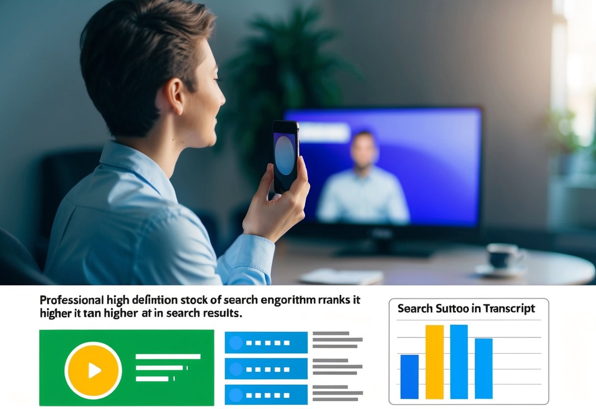 A person watching a video with a transcript below, while a search engine algorithm ranks it higher in search results