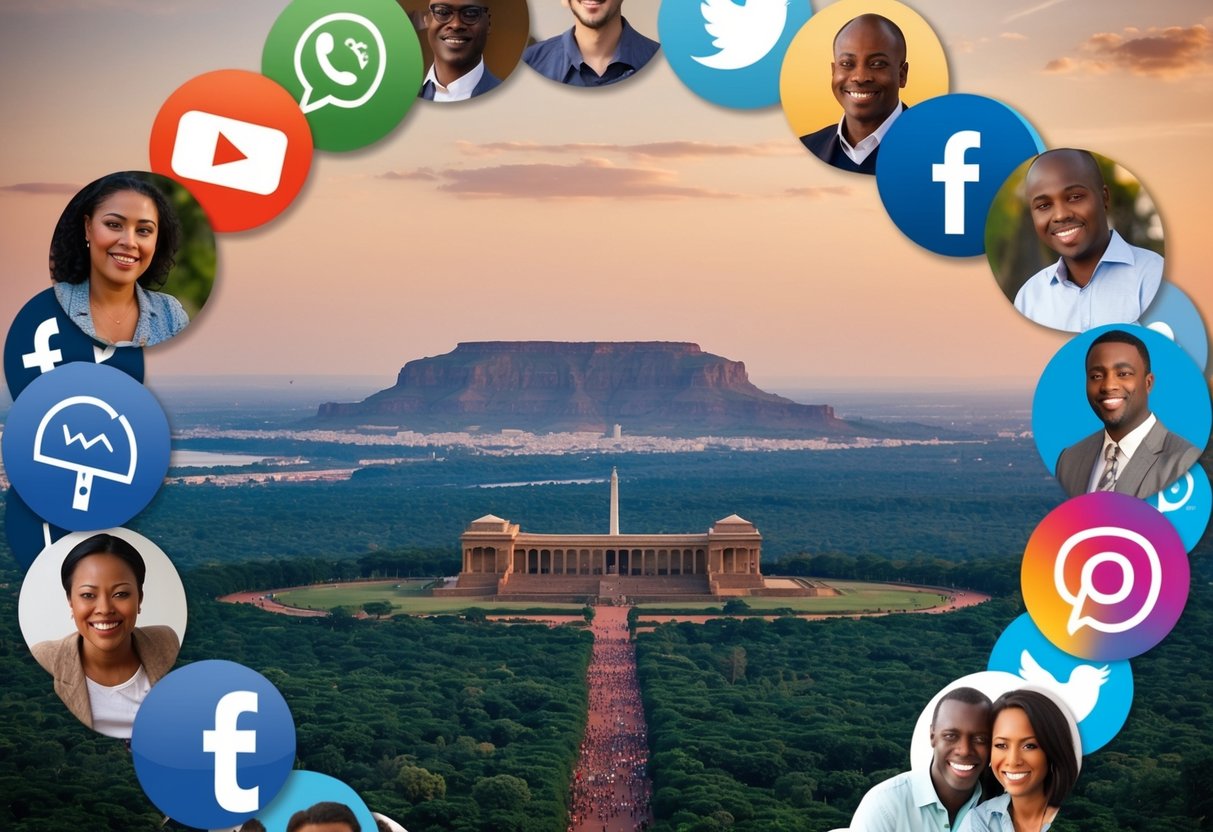 An African landscape with iconic landmarks and symbols, surrounded by people using social bookmarking sites from around the world