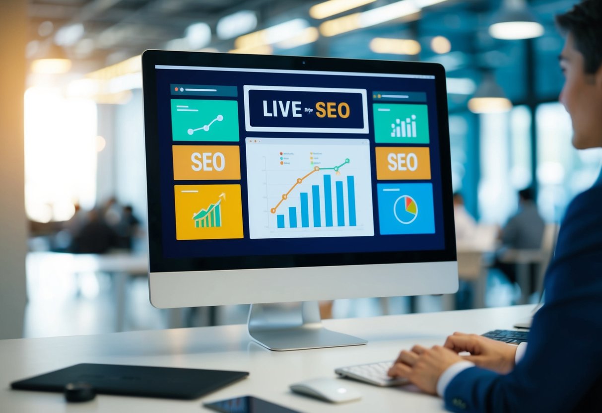 A computer screen showing a live streaming session with SEO-related graphics and charts displayed on the screen