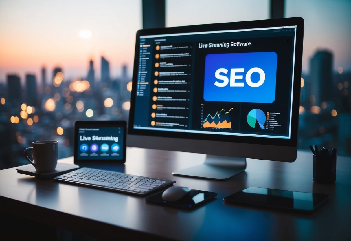 A computer with live streaming software open, surrounded by SEO keywords and analytics charts