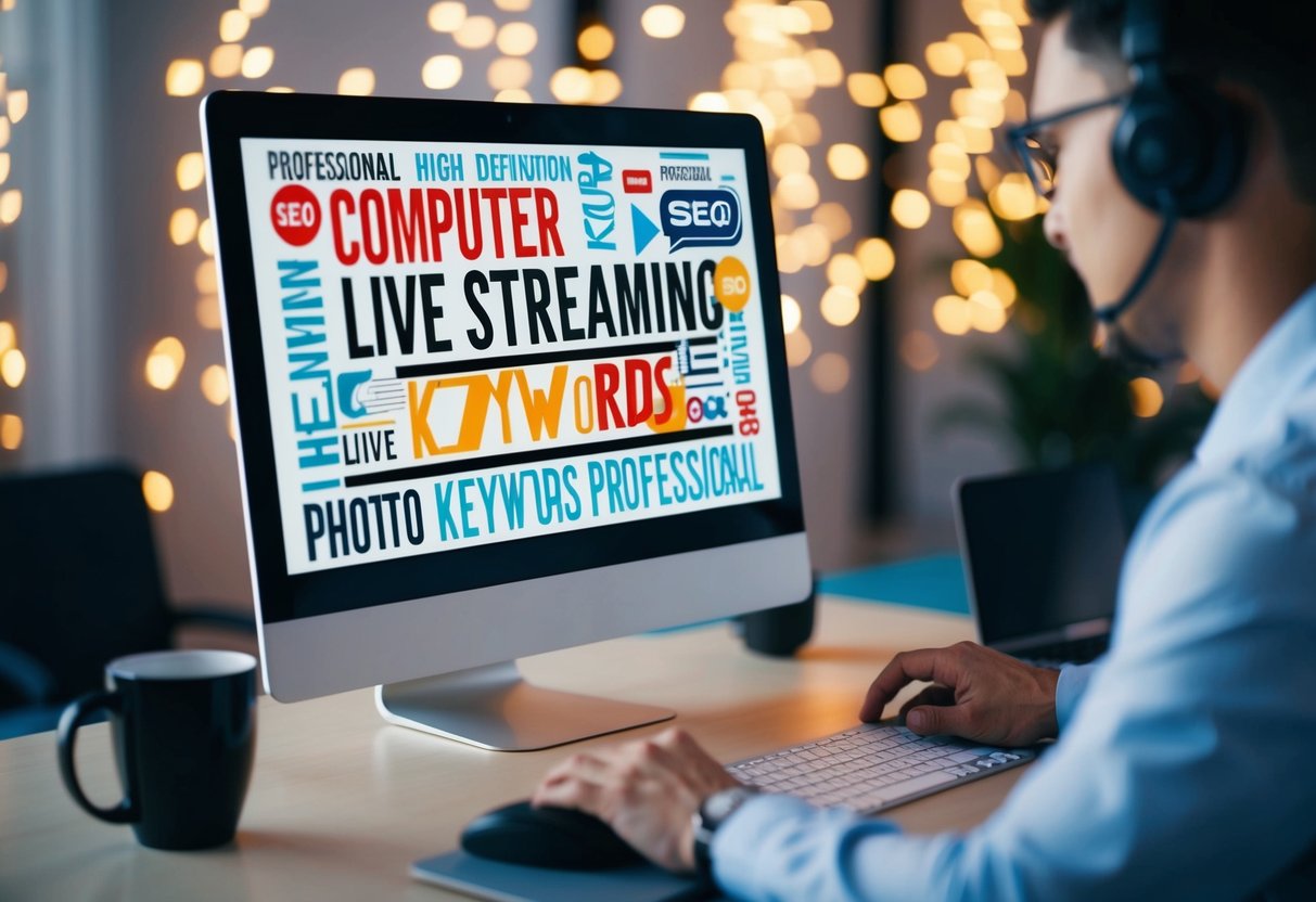 A computer connected to a live streaming setup with SEO keywords on the screen