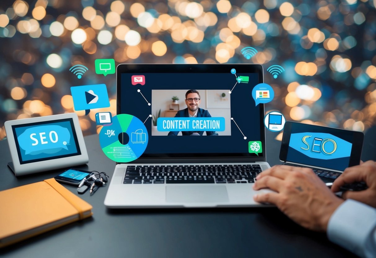A person live streaming content creation and curation, surrounded by digital devices and SEO tools