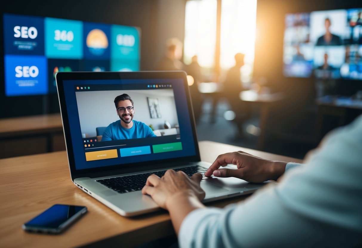 A person live streaming to an engaged audience, with SEO-related visuals and metrics displayed in the background