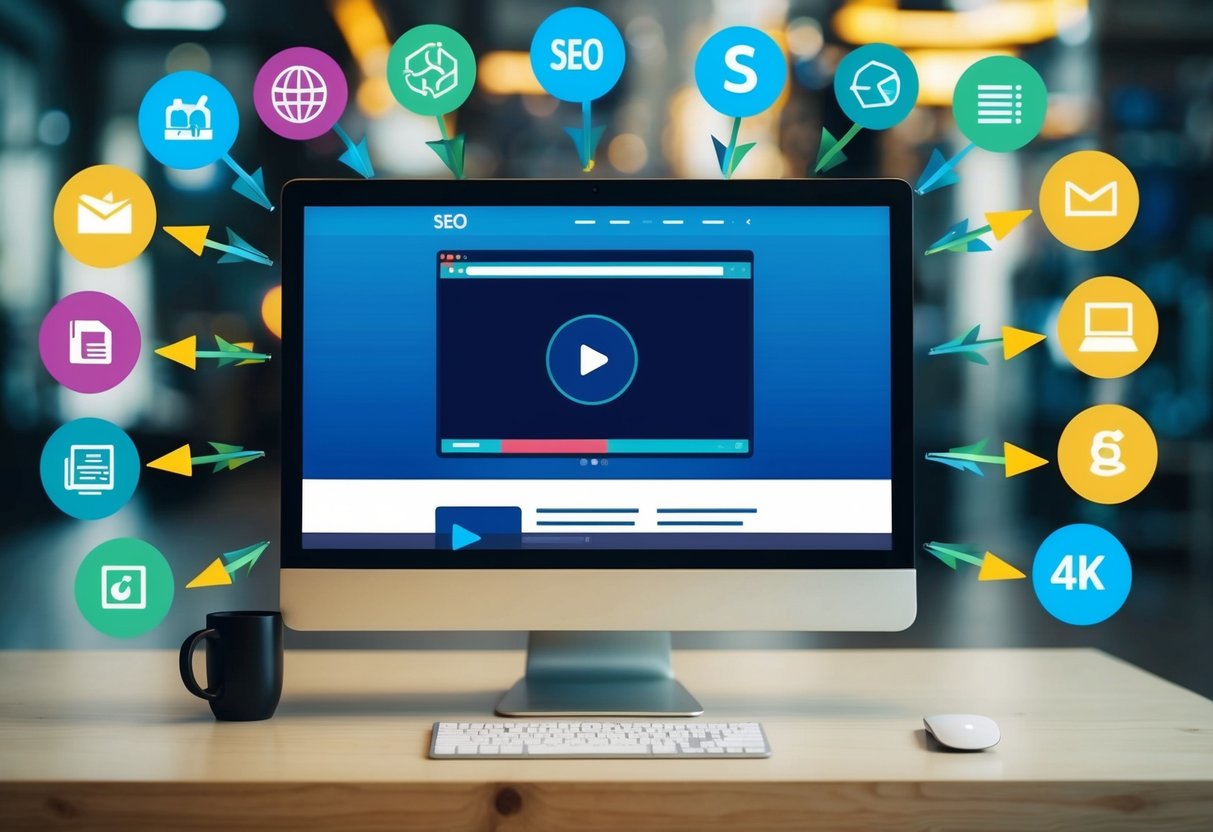 A computer screen displaying a website with a video player, surrounded by various SEO-related icons and symbols