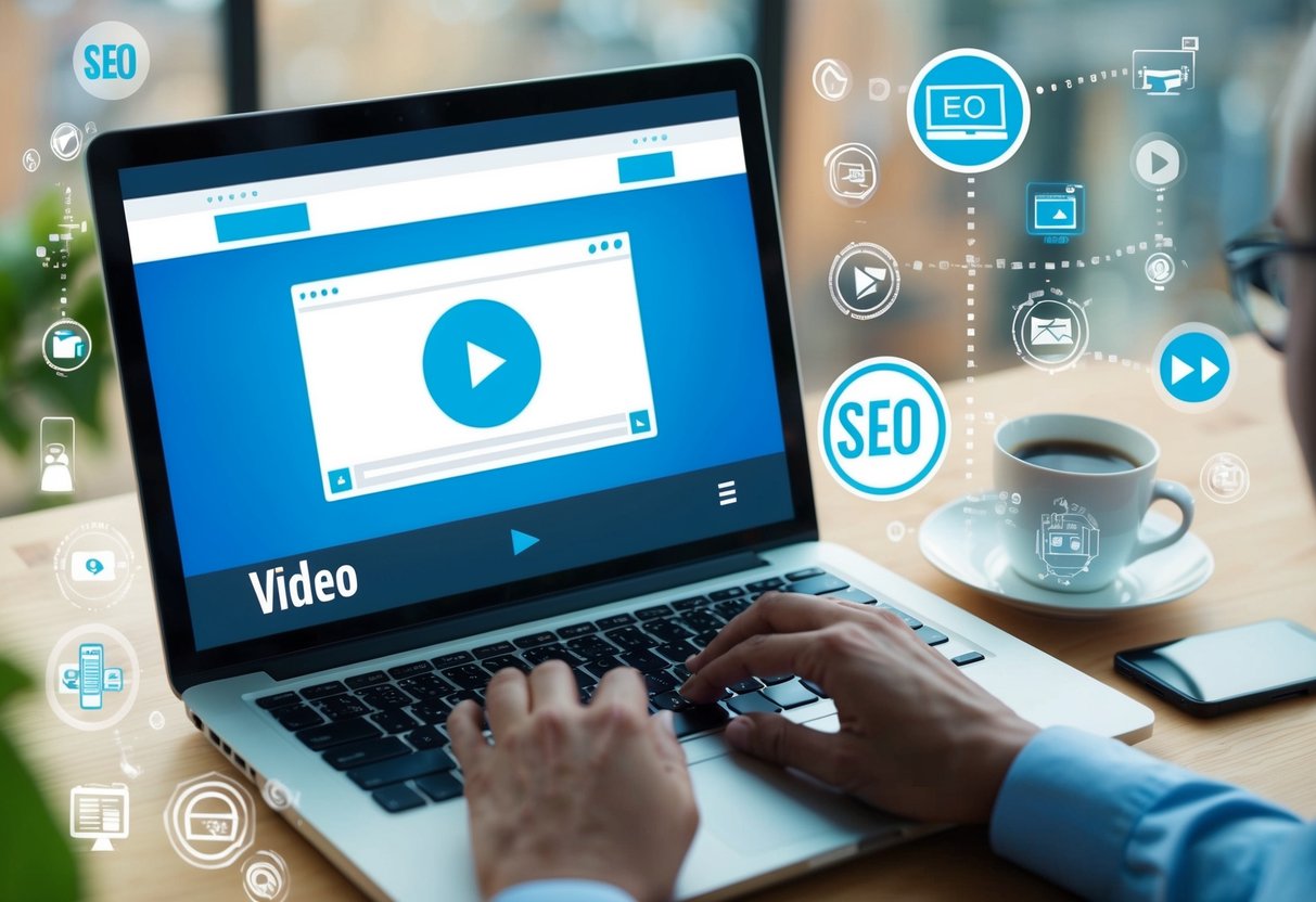 A laptop displaying a website with a video player, surrounded by various SEO-related icons and symbols