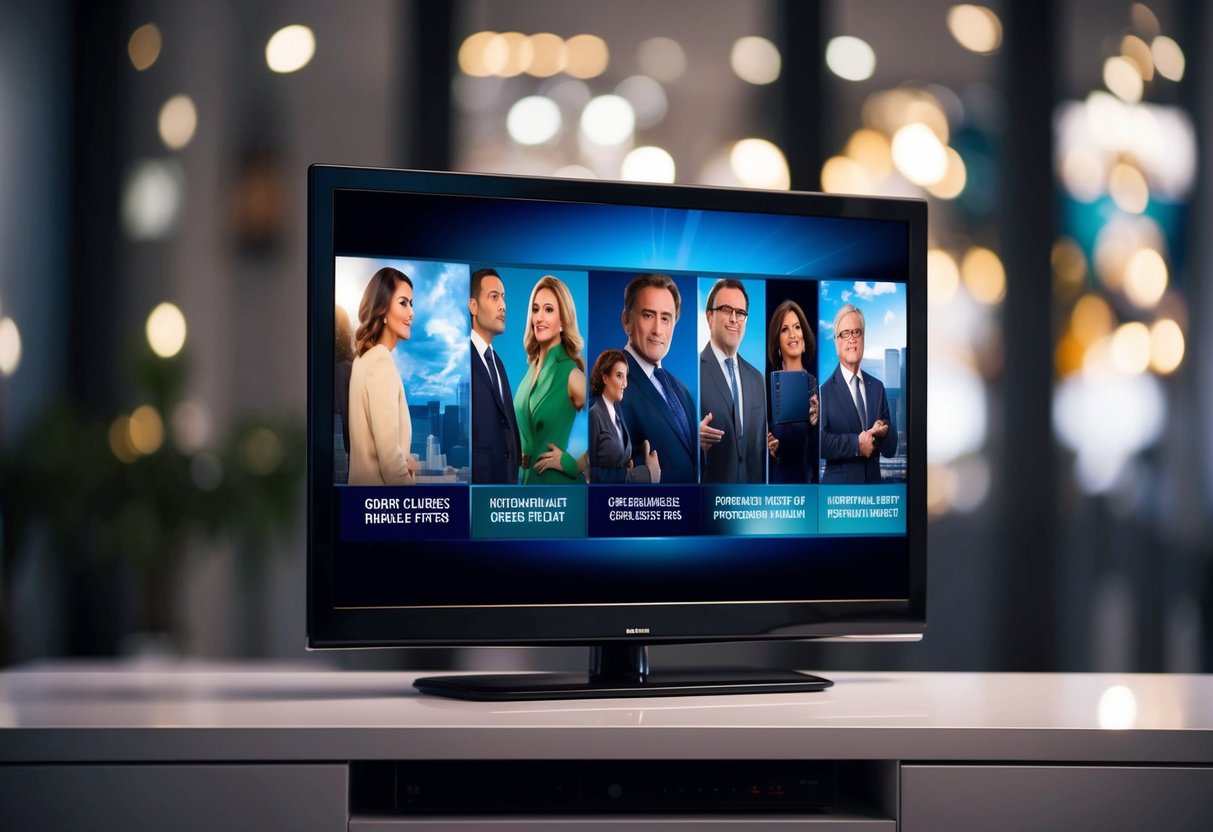 A television screen displaying a movie or show with closed captions and subtitles turned on, showing dialogue and sound effects