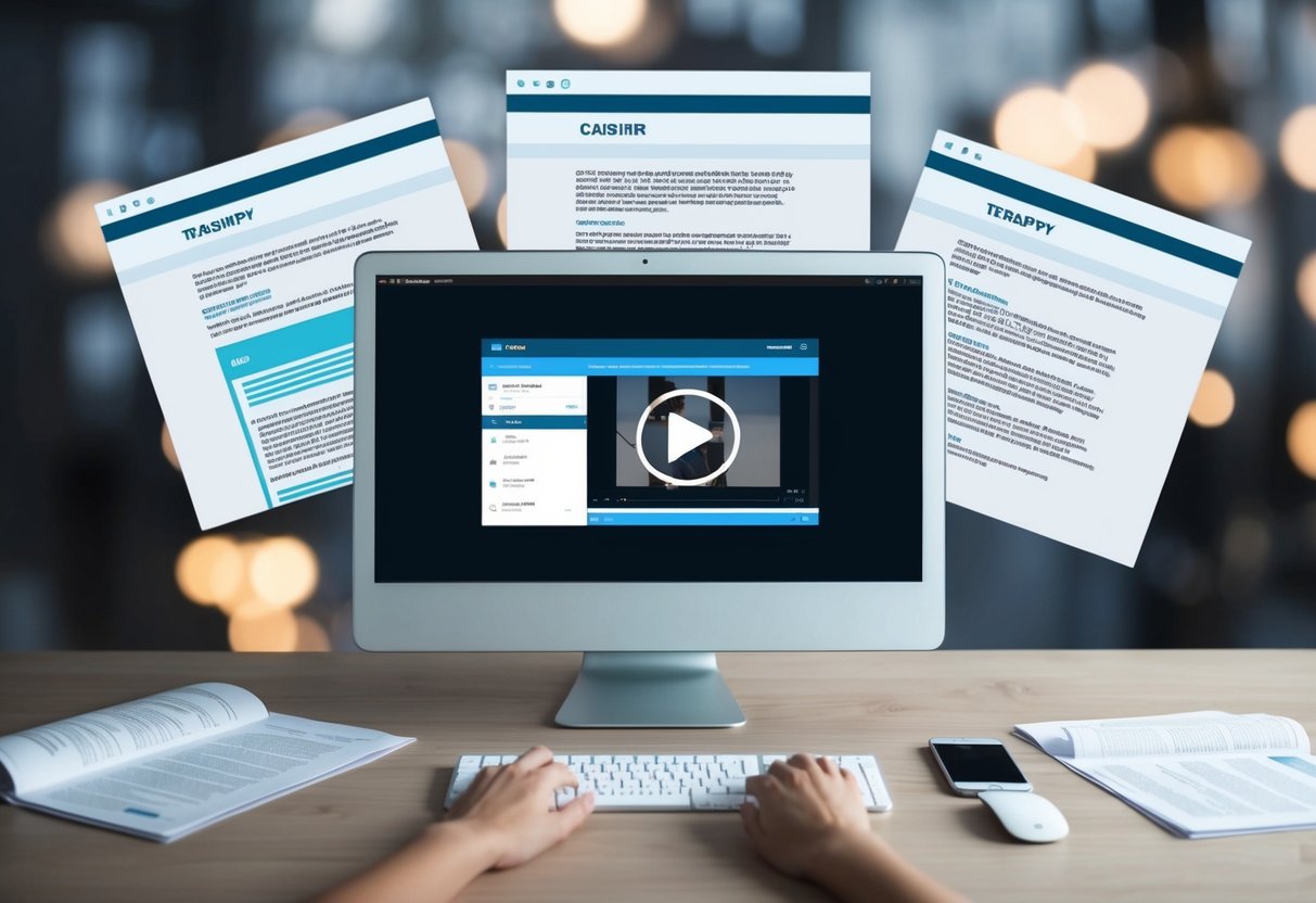 A computer screen displaying a website with a video player, surrounded by open transcripts and captions files