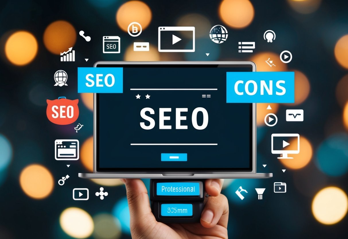 A website with embedded videos surrounded by SEO-related icons and keywords