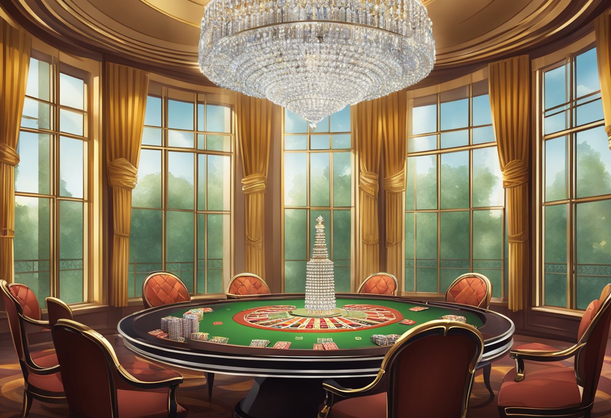 A luxurious crystal Baccarat chandelier hanging above a grand, opulent casino table with cards and chips